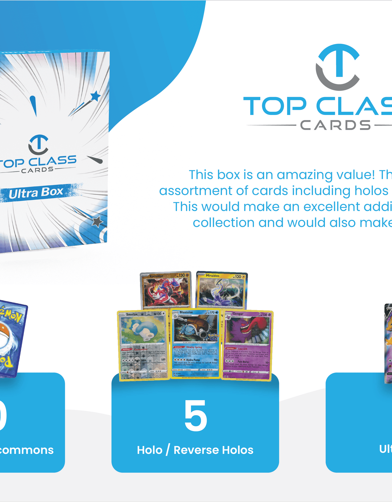Top Class Cards | Ultra Box | 50 Cards | 5 Holos/Reverse Holos | 1 Ultra Rare Guaranteed | Compatible with Pokemon Cards