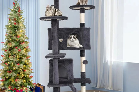 54-In Double Condo Cat Tree Tower Playhouse with Scratching Post & Perch for Indoor, Ashy