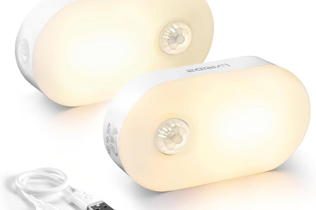 Rechargeable Battery Night Light with Motion Sensor, Portable Mini Warm White LED Stick-On Closet Light, Adjustable Brightness for Bathroom, Bedroom, Kitchen, Cabinet, Stairs, Hallway, 2-Pack