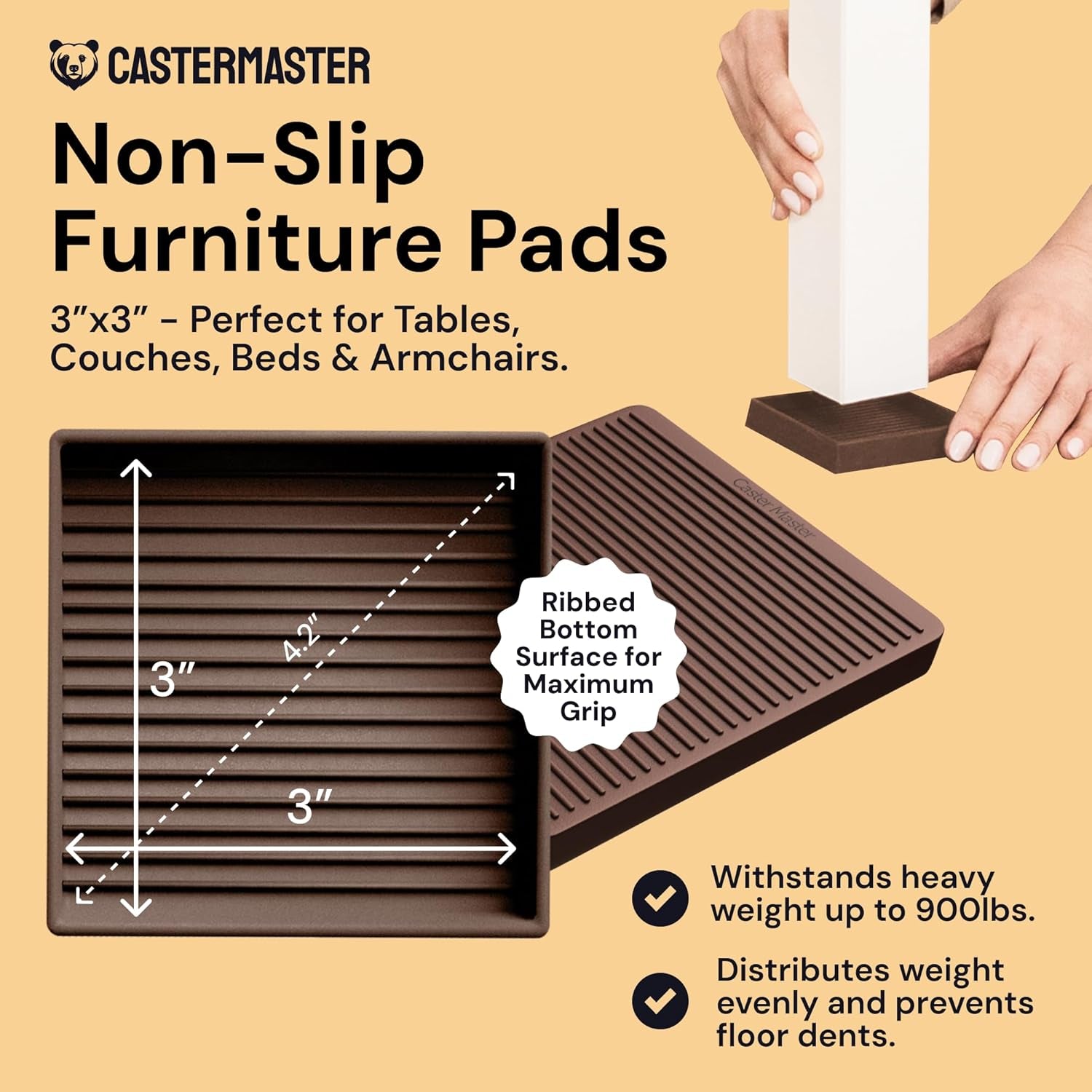 3X3 Square Rubber Furniture Caster Cups with Anti-Sliding Floor Grip (Set of 4) Brown