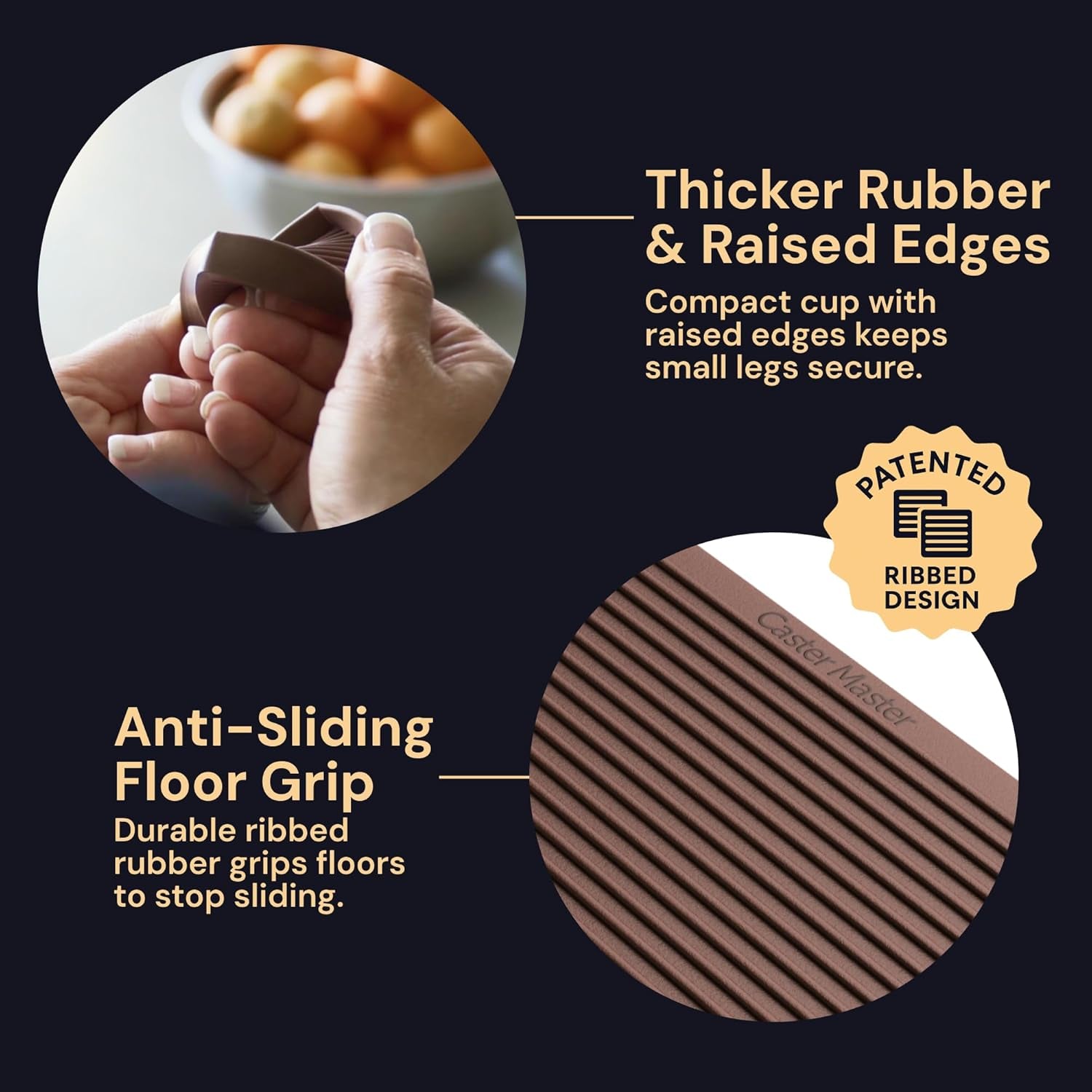 3X3 Square Rubber Furniture Caster Cups with Anti-Sliding Floor Grip (Set of 4) Brown