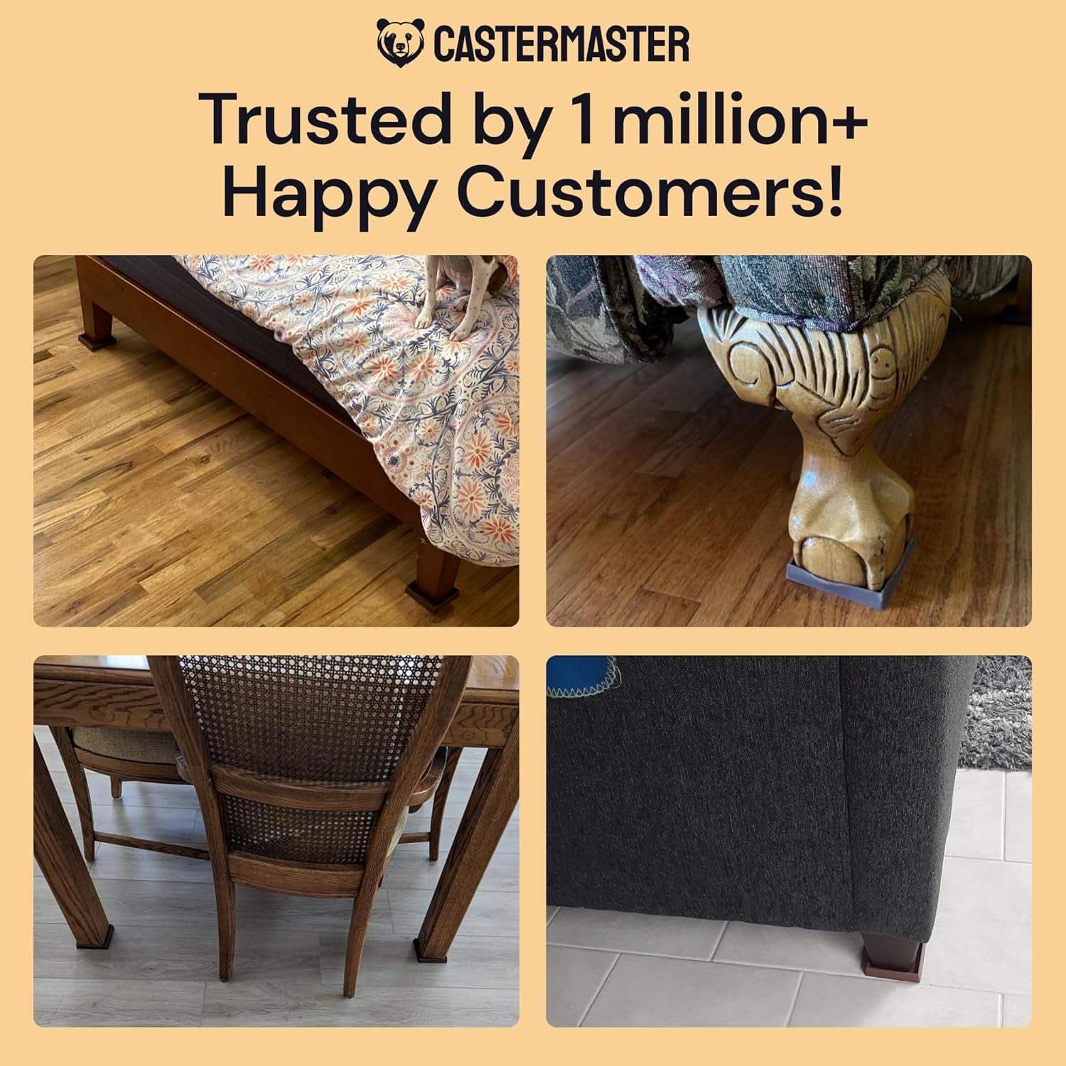 3X3 Square Rubber Furniture Caster Cups with Anti-Sliding Floor Grip (Set of 4) Brown